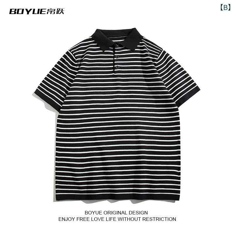 メンズ ポロシャツ トップス ジャンプ ストライプニット 学生 和風 ボーイッシュ t シャツ 半袖