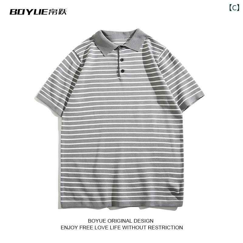 メンズ ポロシャツ トップス ジャンプ ストライプニット 学生 和風 ボーイッシュ t シャツ 半袖
