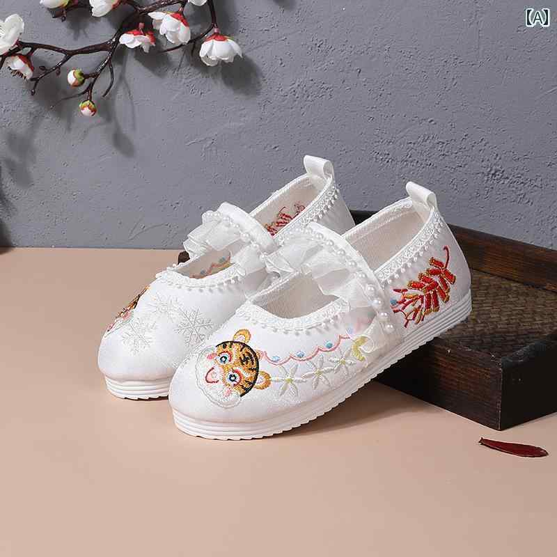 子供靴 かわいい メリージェーン シューズ 歩きやすい キッズ 子供用 刺繍 靴 中華風 レトロ 衣装 漢服 プリンセス レース 手 学生 ダンス