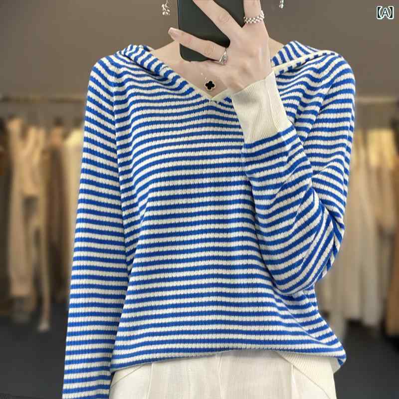 レディース カジュアル パーカー セーター トップス ニット フード付き ストライプセーター ゆったり フレッシュ シャツ