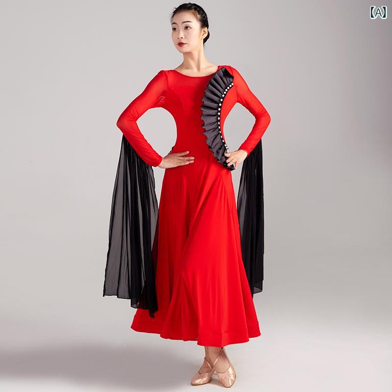 レディース モダン ダンス 大振り スカート 練習 服 社交 長袖 ドレス ワルツ ハイエンド 競技