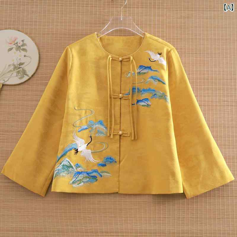 Women's Traditional Korean Clothing, Tang Dynasty Hanbok Jacket, Autumn, Pine and River Embroidery, Disc Button Short Top