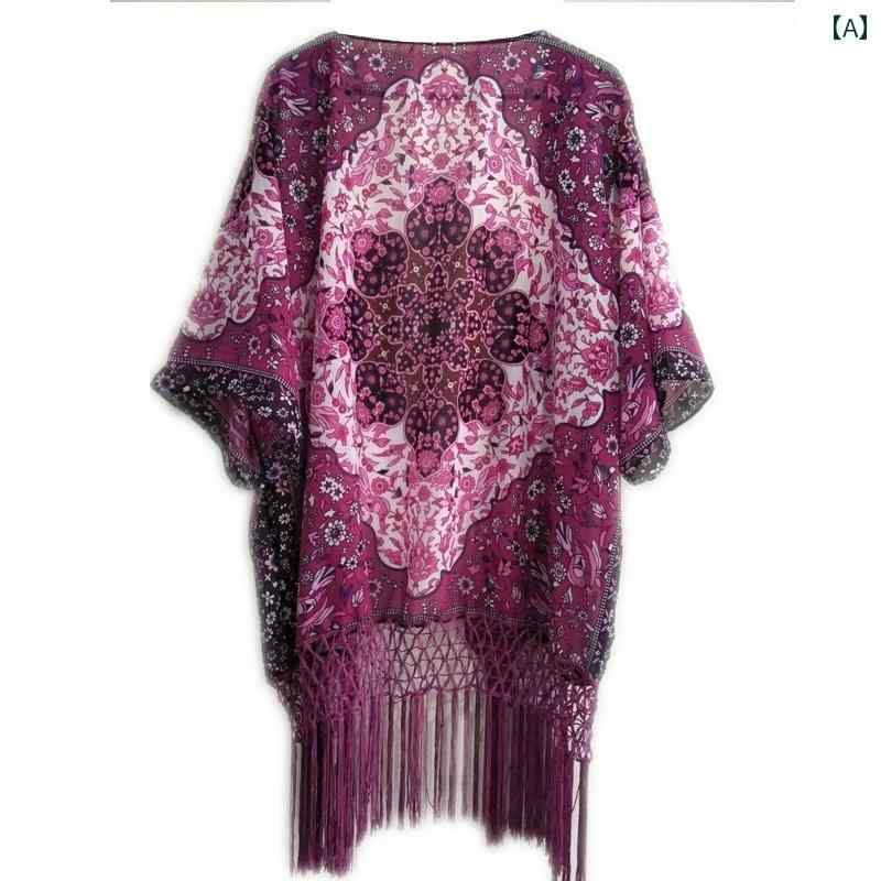 ビーチ カーディガン ショール おしゃれ タイ ボヘミアン 旅行 休暇 海辺 ショート シフォン フリンジ ..