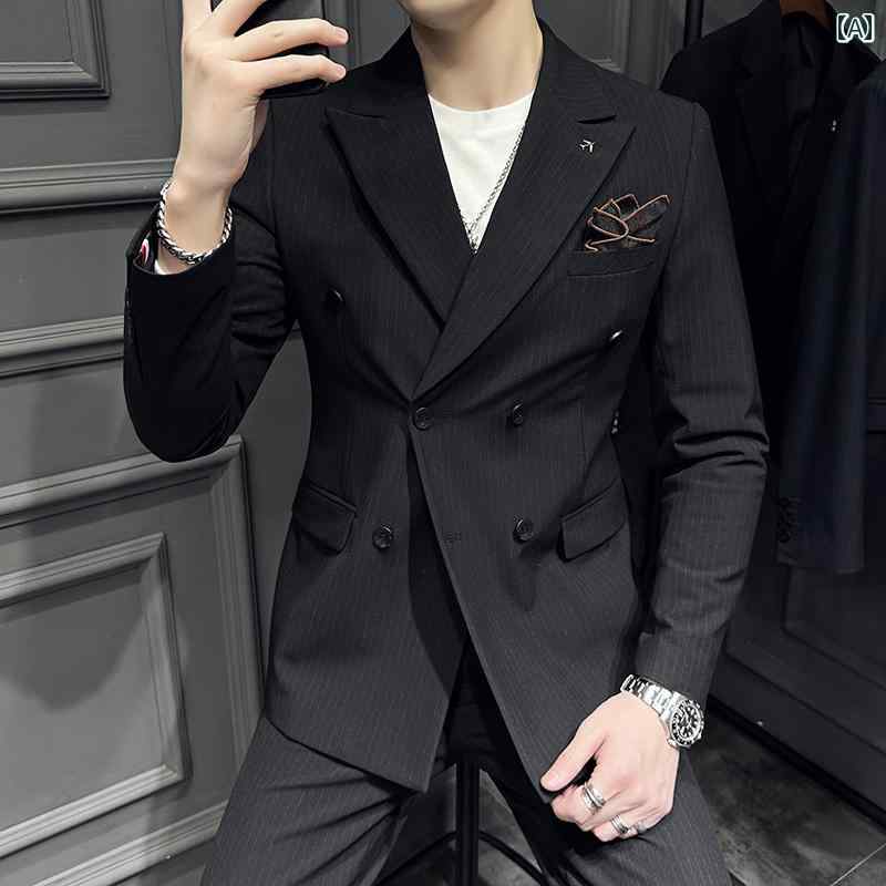 メンズ ガン ダブルブレスト スーツ 韓国 スリム ストライプ スリーピース 新郎 ウェディングドレス