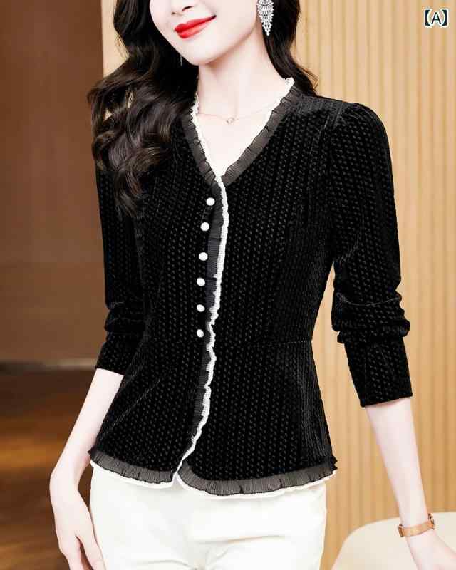 レディース ファッション トップス シャツ ブラウス マザーズ 婦人服 普段使い 秋 エレガント V ネック スリムフィット レース スプライシング ベルベット ウエスタン 長袖 女性(4)