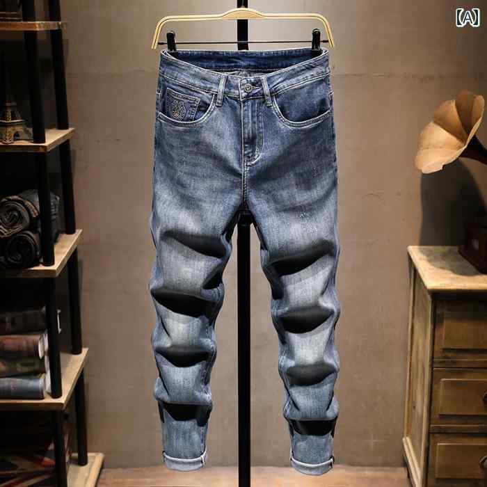 メンズ パンツ デニム ハイエンド ウォッシュ レトロ ブルー ジーンズ 男性用 春 弾性 スリム クロップド