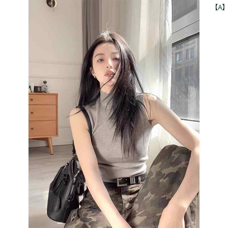 レディース セーター おしゃれ 秋冬 レトロ グレー ハーフ ハイネック ニットキャミソール ハイエンド ..