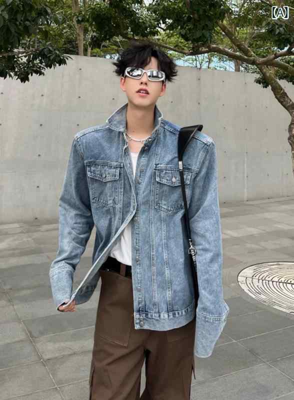 メンズ レディース カジュアル デニムジャケット レトロ プリーツ ショルダーパッド ハイエンド