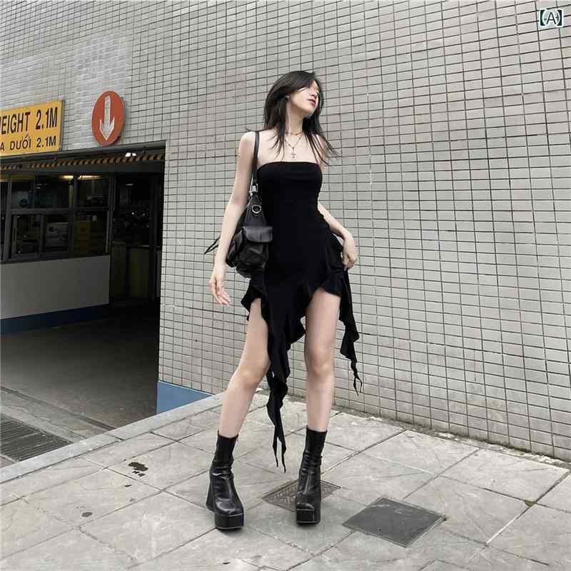 レディース スタイリッシュ 黒 フリル リボン チューブ トップ ドレス 不規則 スリム ショート スカート