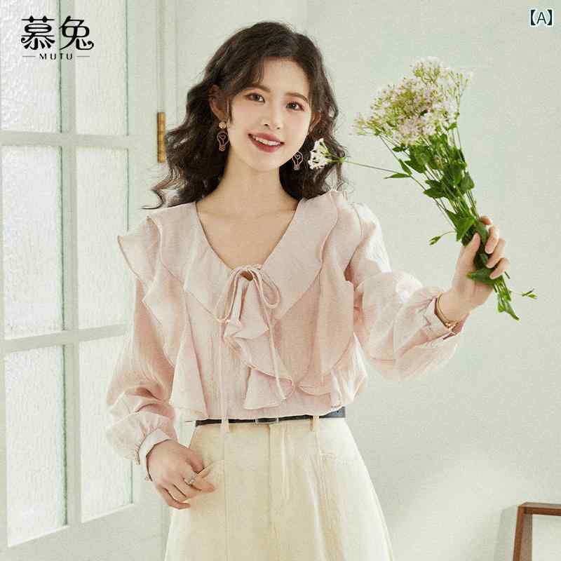 樂天商城 - レディース ブラウス 上品 ピンク V ネック フリル 長袖 シャツ 女性 カレッジ 大人かわいい 春 フレンチシック トップス