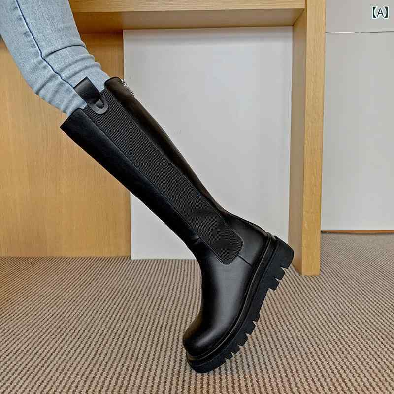 レディース ロングブーツ タイトフィット シンプル おしゃれ スタイルアップ 革 厚底 ナイト ブーツ 秋 太め ミリ 太 美脚 ハイ スリム ブラウン 大きいサイズ