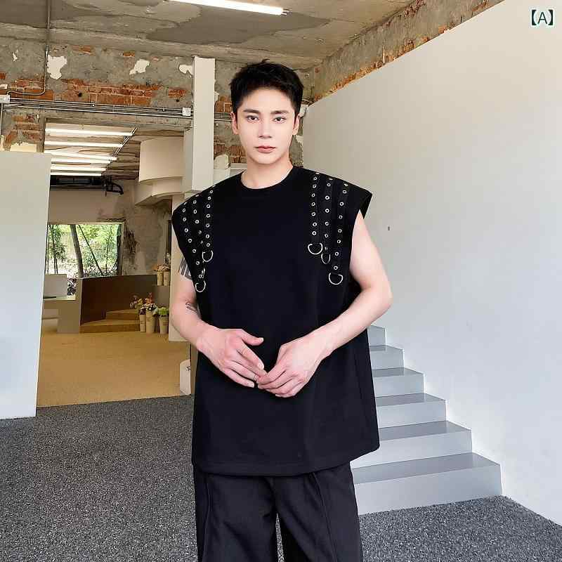 メンズ トップス ダーク 機能的 パンク ロック 少数 スタッズ メタル ノースリーブ T シャツ ベスト