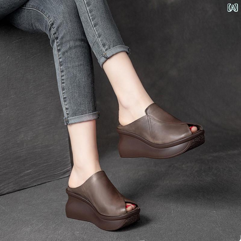 レディース 夏 革靴 おしゃれ 厚底 革 スリッパ アウターウェア ファッション ウェッジ プラット フォ..