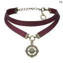 レディース アクセサリー ネックレス チョーカー かわいい 首飾り ワイン レッド ダブル リボン ブロンズ メタル コンパス 鎖骨