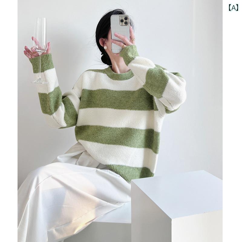 レディース セーター 秋冬 韓国 ソフト ワックス ストライプ 対照的 ラウンドネックプルオーバー セーターゆったり アウターウェア 学生 ニット 女性
