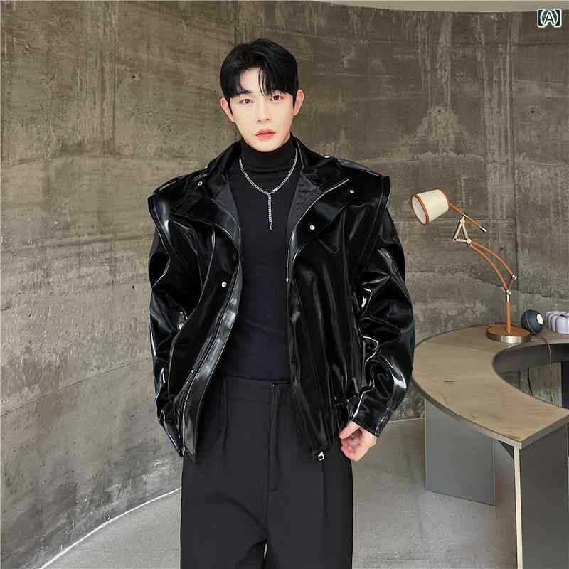 メンズ 秋冬 液体 金属 明るい ショルダーパッド ジャケット コンストラクト オートバイ ホット ストリ..