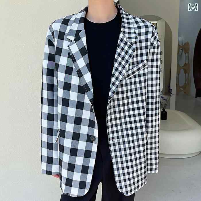 メンズ スーツ ジャケット 韓国 シック非対称 チェック柄 スプライシング シングル