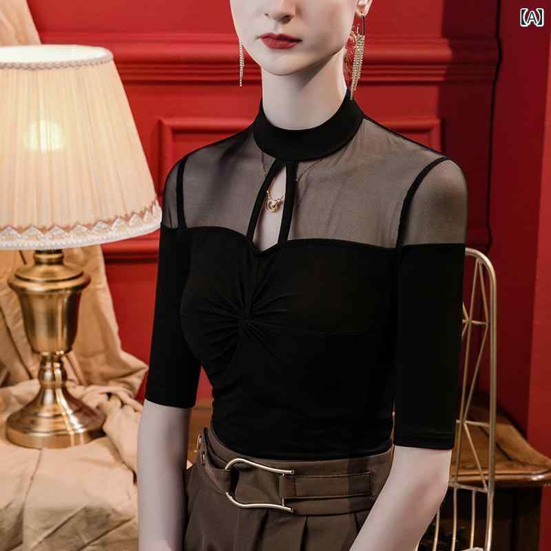 レディース スタンドカラー ボディダンス 練習 服 女性用 ミッド スリーブ ラテン トップス モーダル ..