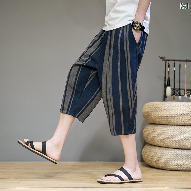 メンズ 夏 カジュアル パンツ ワイド レッグ ゆったり 中華風 七分 リネン 薄手 ストライプ ショート 大きいサイズ ストレート レトロ