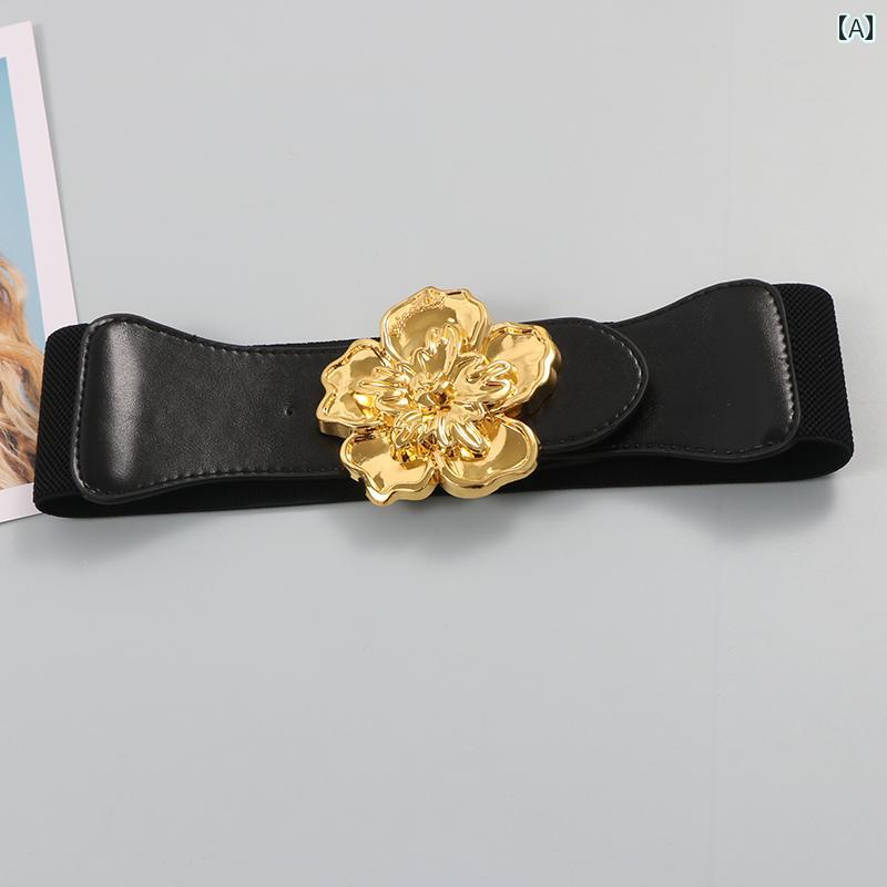 コート ベルト おしゃれ ゴールデン 立体 フラワー バックル ヘッド PU レザー ワイド ウエスト バンド..