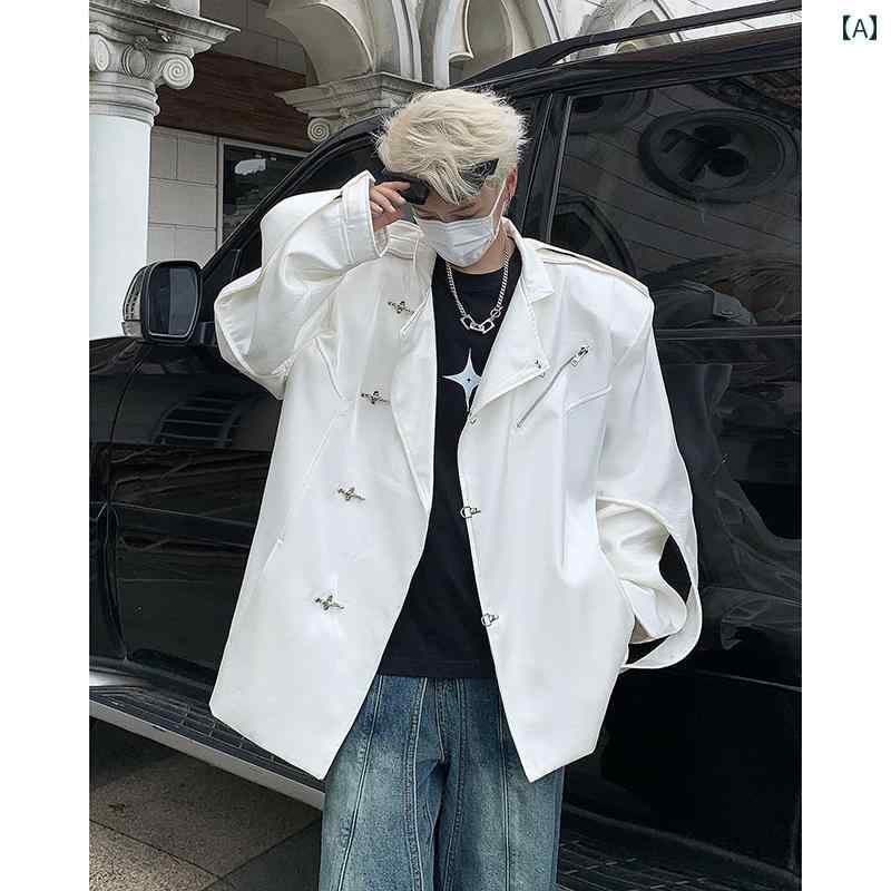 メンズ カジュアル ジャケット かっこいい 秋冬 液体 金属 明るい ショルダーパッド 飛行機 バックル ..