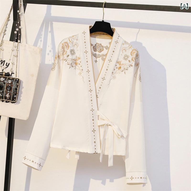 レディース トップス エキゾチック クロス カラー 飛行機袖 秋冬 長袖 レトロ 女性 中華風 シャツ スカート