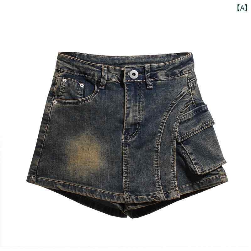 レディース パンツ ミニ スカート アメリカン レトロ デニムスカート レディー スイ レギュラー ショーツ ダメージ 加工 スタイリッシュ ガール