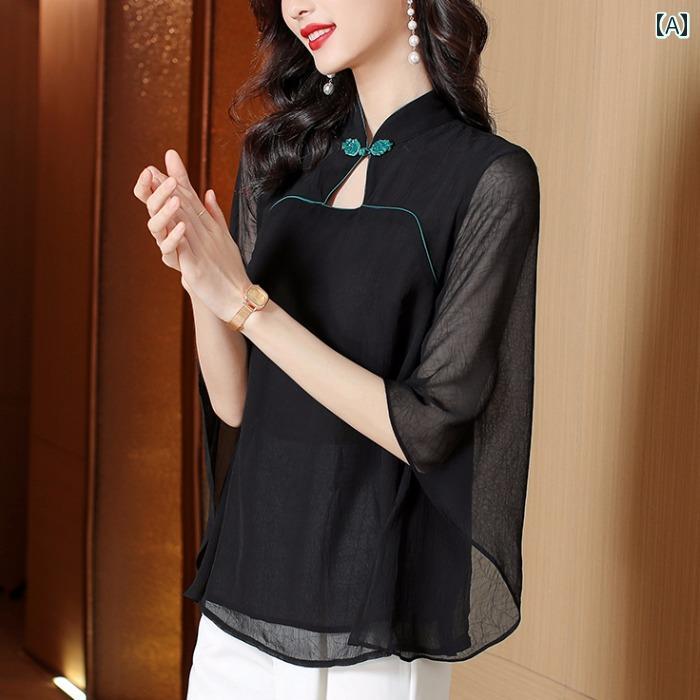 レディース 夏 シャツ ブラウス 大人 かわいい 爽か 中華風 チャイナ ドレス 七分袖 シフォンシャツ 女性 トップス 小さい お腹 覆う ベビー ドール