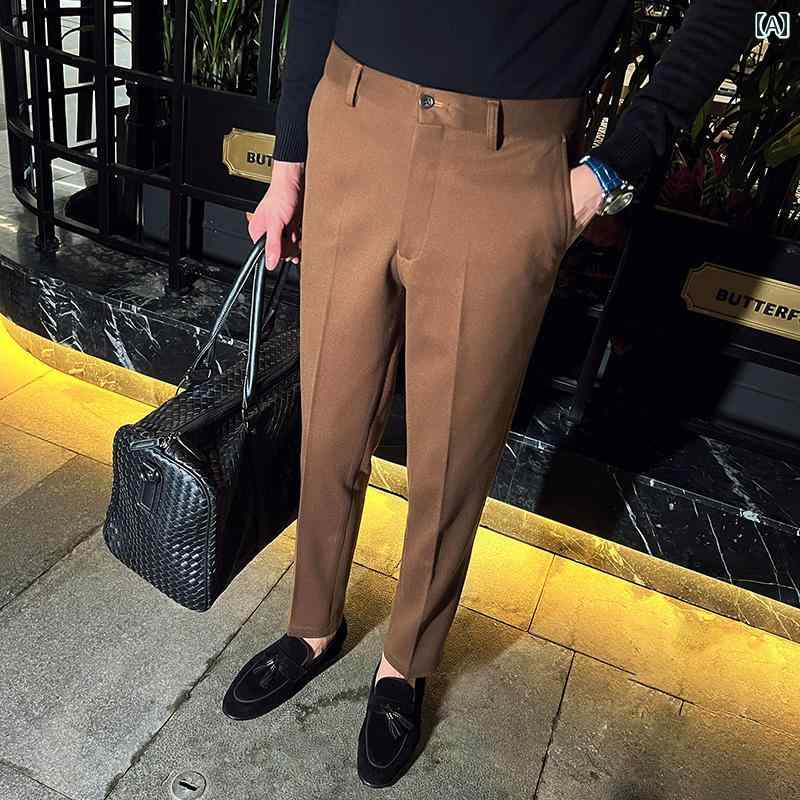 Skinney Pants - メンズ カジュアル スラックス 秋冬 厚手 ウール ズボン ビジネス スリムフィット 小さい 足 ドレープ 長ズボン スーツ ストレート