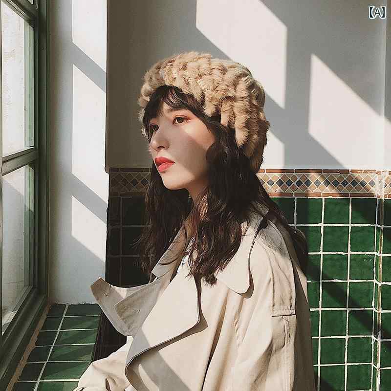 レディース 帽子 ラビットファー ニット ストレッチ 秋冬 ニットビーニー 暖かい ぬいぐるみ