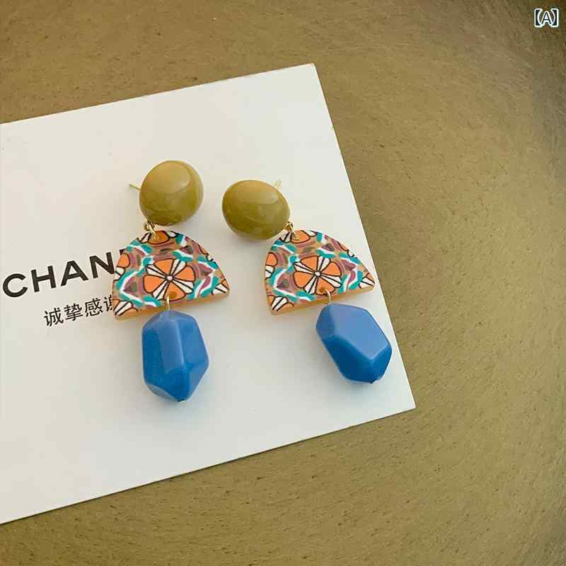レディース アクセサリー ピアス かわいい イヤリング レトロ 黄色 青 コントラスト 女性用 樹脂 エレガント エスニック ロング