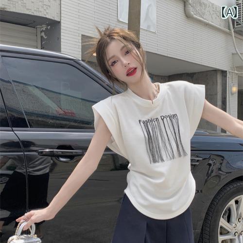 レディース カジュアル 夏 トップス 白い ノースリーブ T シャツ 不規則 スリムフィット ベスト ユニーク フラグ スリーブ