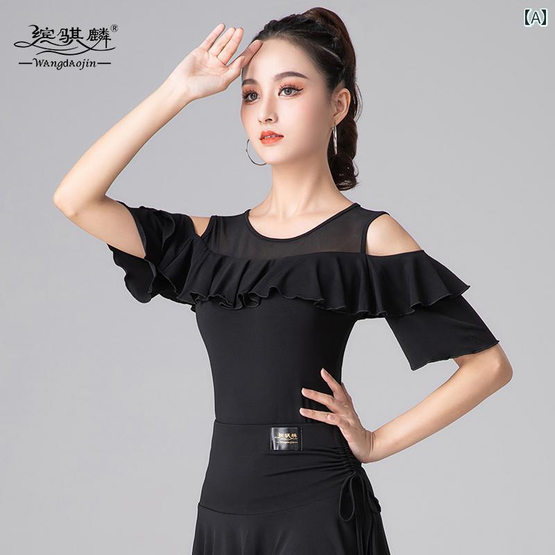 レディース ラテン ダンス トップス メッシュ 服 標準 練習服 半袖 モダン