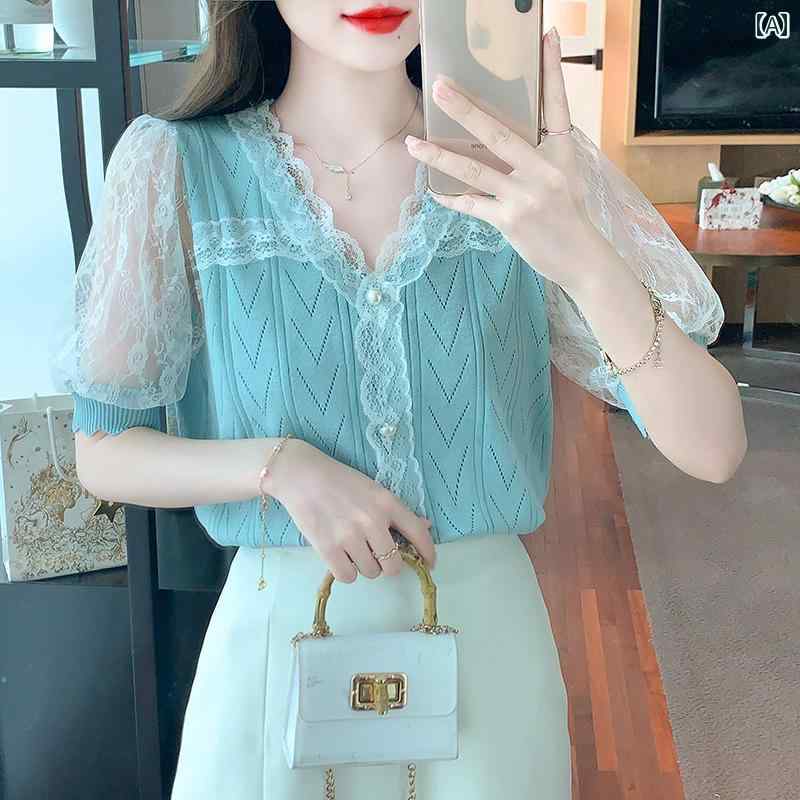 Rakuten - レディース 夏 ファッション マザーズ 婦人服 普段使い レース スプライシング 薄手 ニット セーター 韓国 トップス
