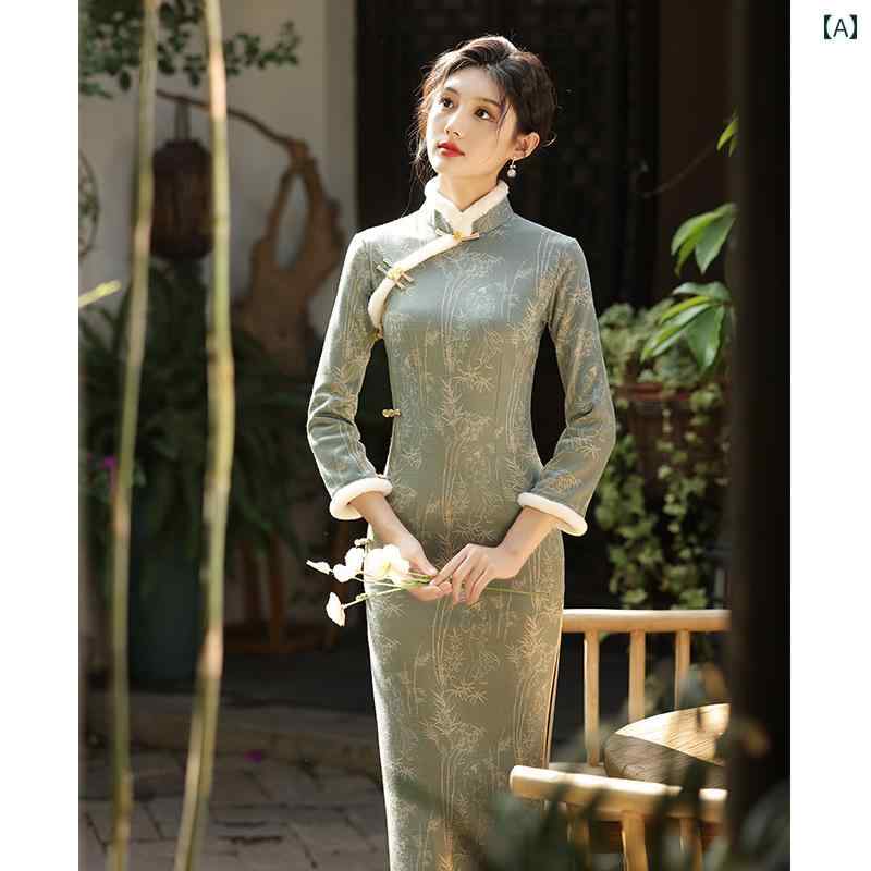 China Dress - レディース 民族衣装 コスチューム 美しい チャイナ ドレス 秋冬 厚手 ベルベット 長袖 中華風 レトロ 女性