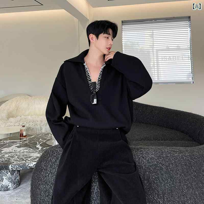 メンズ 秋冬 オールド マネー V ネック スウェットシャツ 韓国 ニット コントラスト トップス