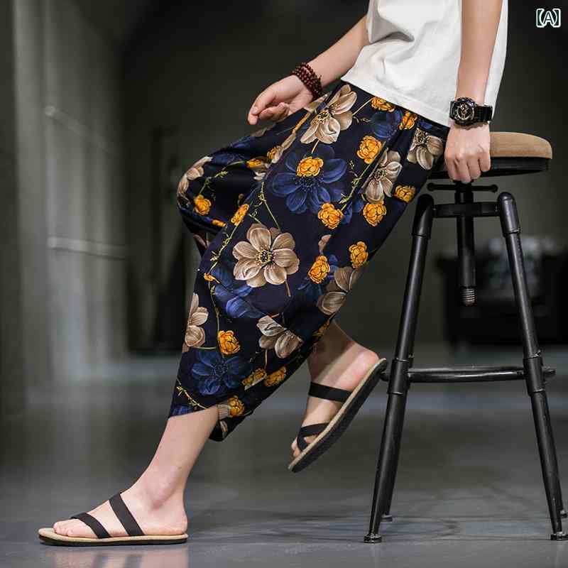 メンズ 夏 カジュアル パンツ リネン ビーチ クロップド 薄手 ワイド レッグ 中華風 ショート