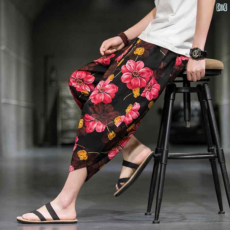 メンズ 夏 カジュアル パンツ リネン ビーチ クロップド 薄手 ワイド レッグ 中華風 ショート