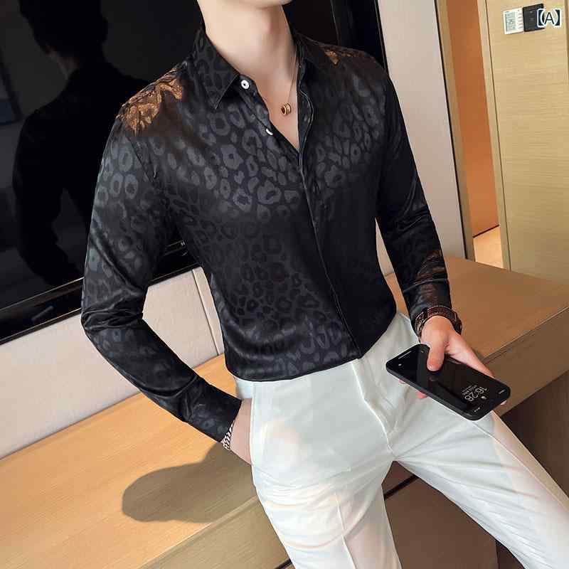 メンズ カジュアル 明るい ヒョウ柄 シャツ 長袖 スリム 防 シワ 若々しい 高級感