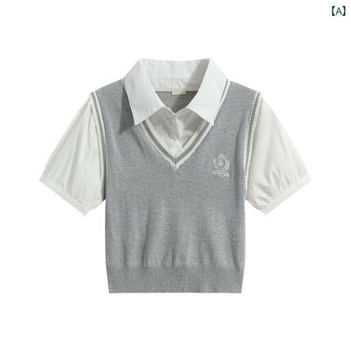 レディース カジュアル 夏 ファッション 普段使い フランス ハイエンド トップス フェイク ツーピース 半袖 カレッジ ショート シャツ 女性用 レディース カジュアル 夏 ファッション 普段使い フランス ハイエンド トップス フェイク ツーピース 半袖 カレッジ ショート シャツ 女性用