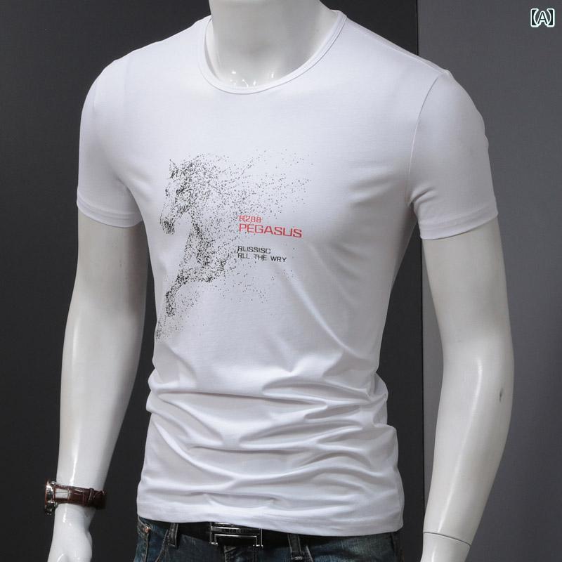 メンズ 夏 T シャツ 半袖 ラウンドネック プリント パターン トップス 服 スリム(4.0)