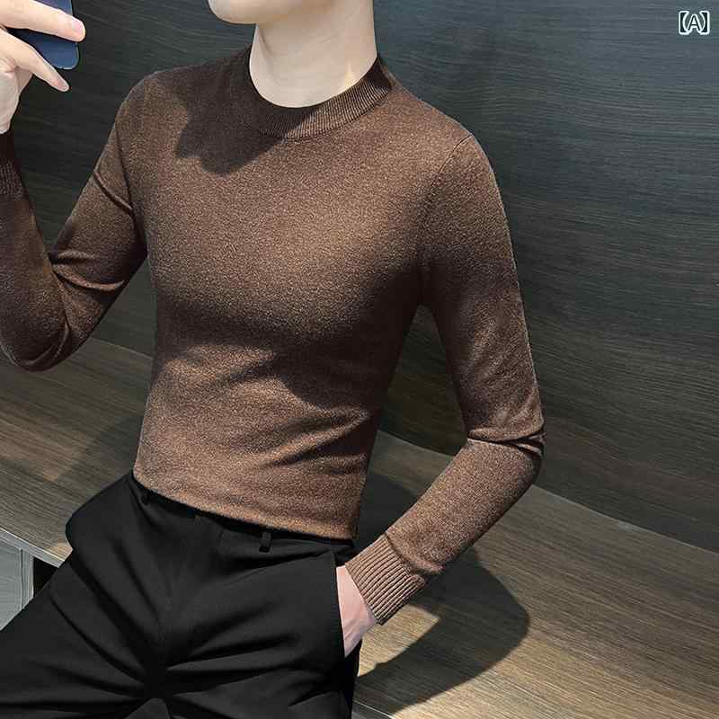 メンズ トップス ベース レイヤー 秋冬 厚手 ハイエンド 暖かい スリム 伸縮性 ぴったり フィット ローネック ニット セーター