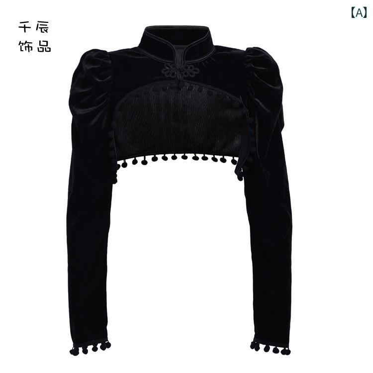 レディース タッセル 黒 スタンドカラー ロリータ トップス スパンク 風 レトロ 長袖 へそ出し ショート コート ショール ベスト
