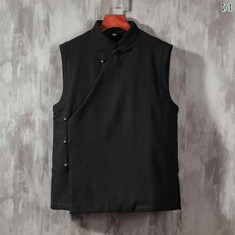 メンズ 中華風 ベルベット 厚手 ベスト 冬 綿 リネン 紳士服 レトロ 中国 ジャケット ノースリーブベス..