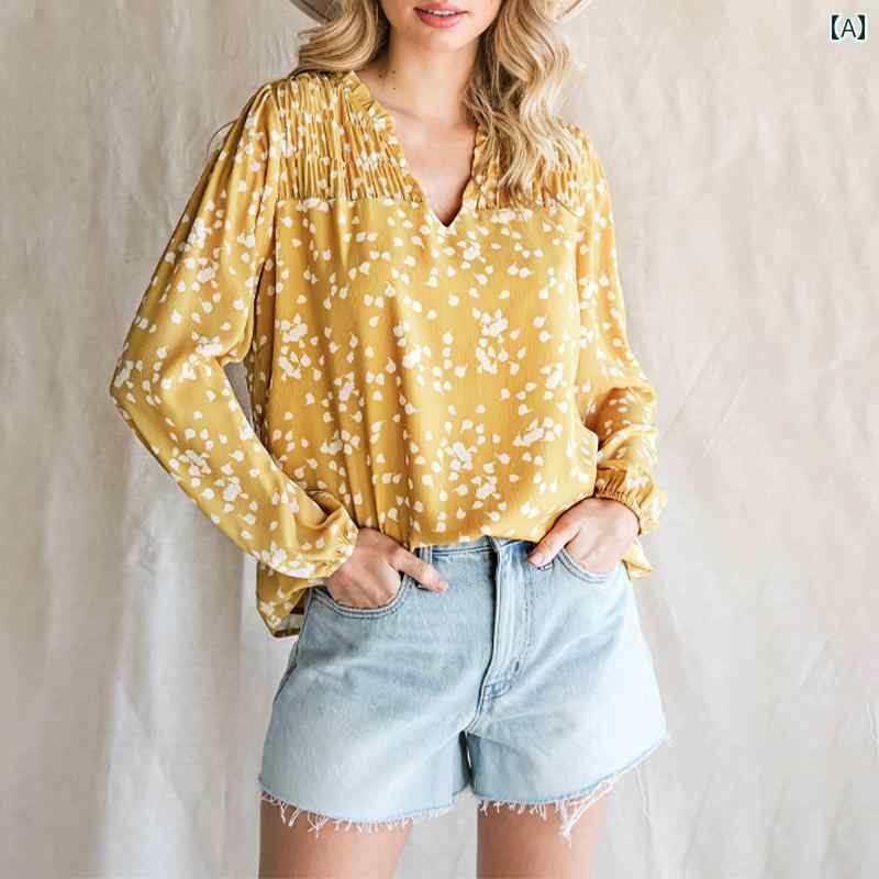 レディース 秋 薄手 長袖 シフォンシャツ アメリカン タンポポ フラワープリント トップス(4.0)