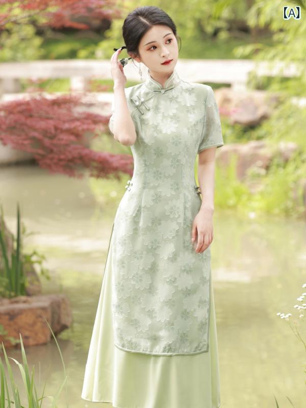 チャイナドレス 中華風 グリーン シフォン 切り 花 フェイク ツーピース チャイナ ドレス 女子 アオザイ