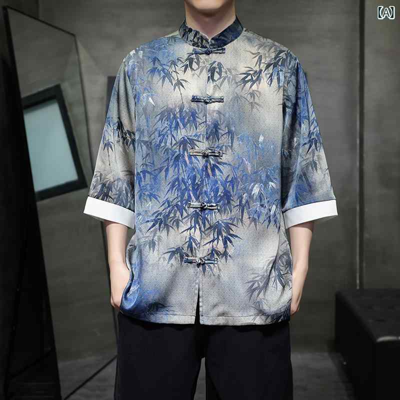 メンズ 夏 カンフー服 トップス シャツ 中華風 半袖 花柄 中国 唐 スーツ 竹 葉 プリント 大きいサイズ プレート ボタン