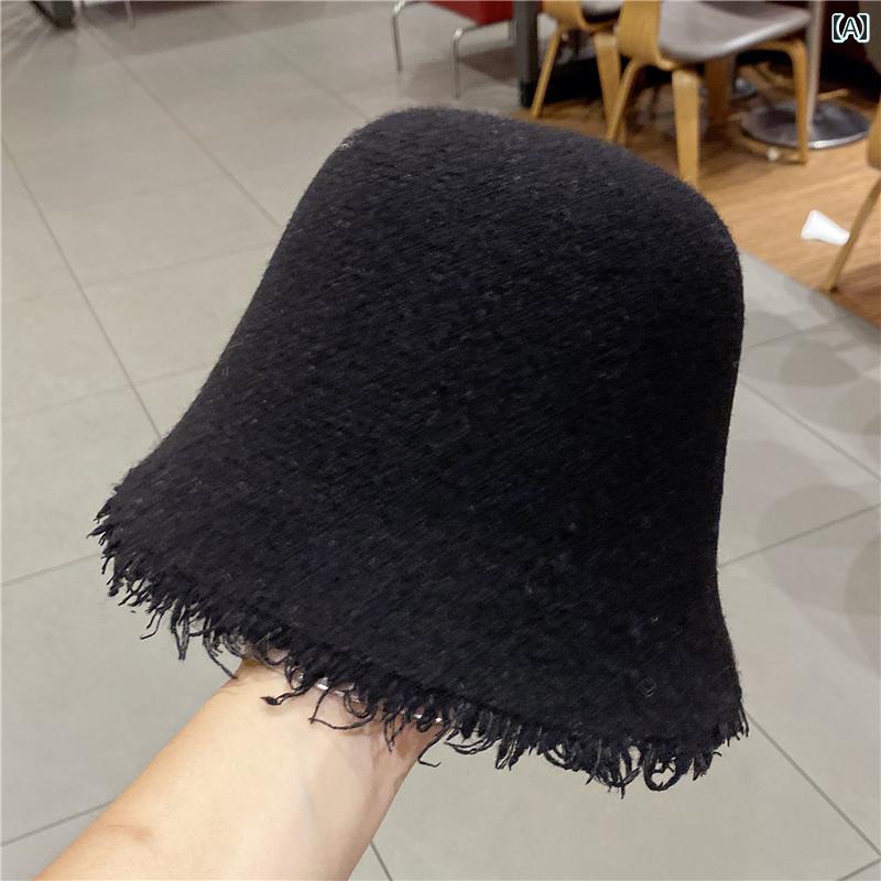 レディース タッセル 帽子 春秋冬用 ソリッドカラー ウール フィッシャーマンズ ハット バケット 黒い ..