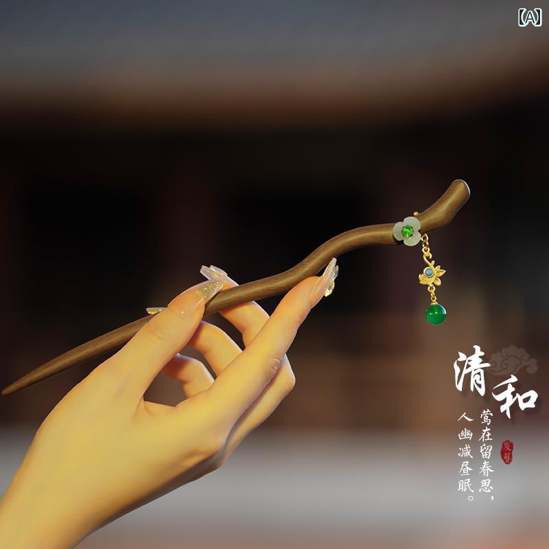 レディース アクセサリー かんざし ヘア レトロ ヘアピン 簪 清河 長 緑 白檀 中国 ハイエンド シンプル モダン