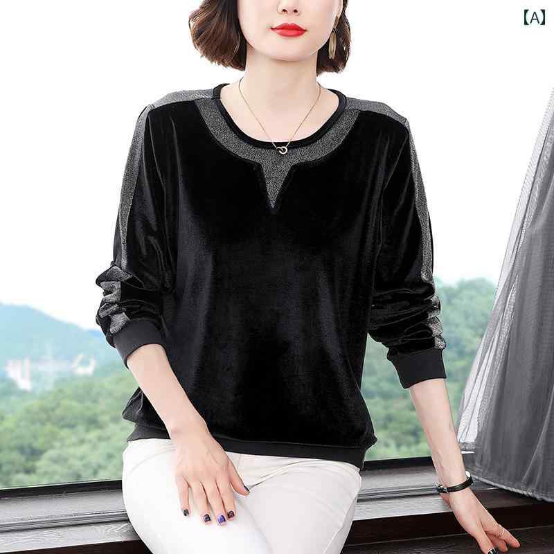 レディース トップス マザーズ 婦人服 普段使い ゴールド ベルベット シャツ 長袖 T 秋 母 服 西洋風 大きいサイズ